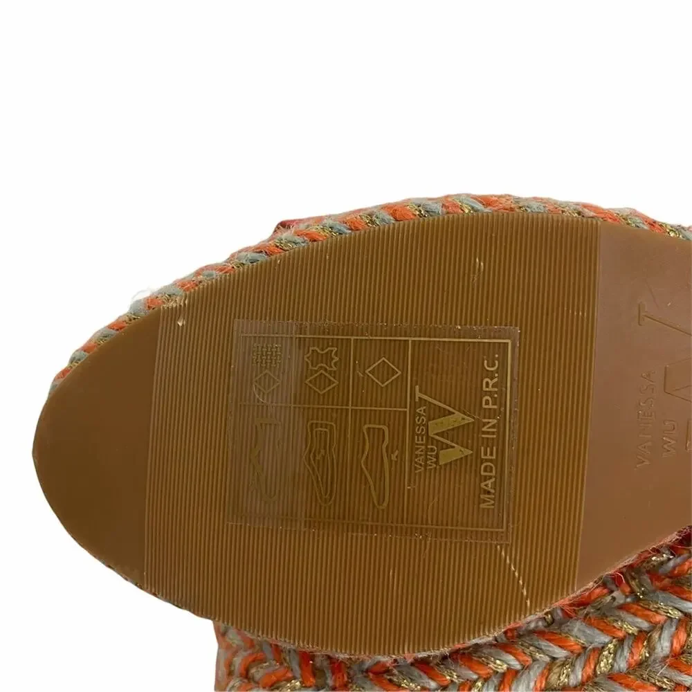 NWOT VANESSA WU Espadrille Wedge Coral Gold Gray Raffia Yarn Size 40/ US 10